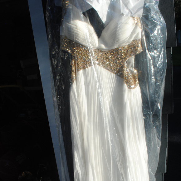 White and Gold Prom Dress still in plastic - Picture 1 of 7